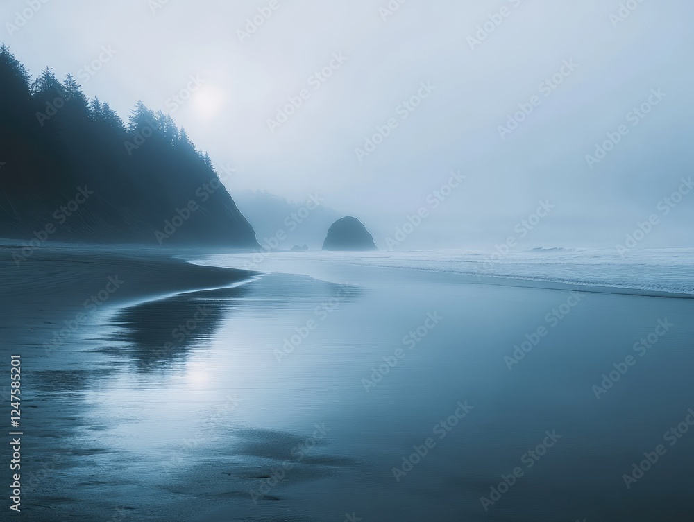 Naklejka premium Ethereal Coastline: Misty Beach Landscape with Forest and Ocean View