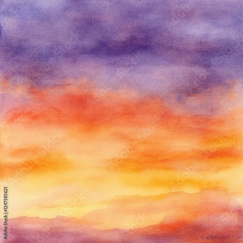 Watercolor Sunset Landscape, Dramatic Sky, Fiery Hues, Design Element