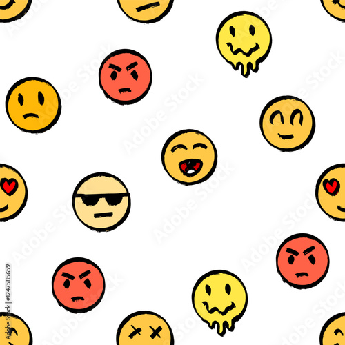 smiley faces seamless pattern with emoji or emoticons. angry and sad round yellow elements hand drawn engraving.