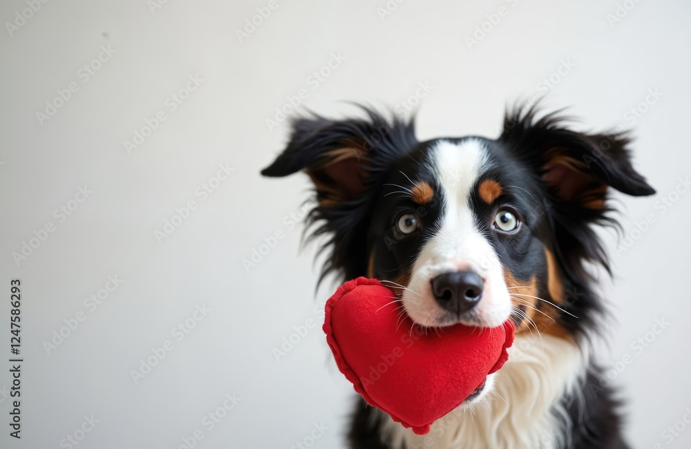 Cute border collie puppy holds red heart toy. Adorable pet expresses love. Isolated on white background. Valentines Day concept. Photo suitable for romantic themes. Ideal for pet product ads. Perfect Cute border collie puppy holds red heart toy. Adorable pet expresses love. Isolated on white background. Valentines Day concept. Photo suitable for romantic themes. Ideal for pet product ads. Perfect