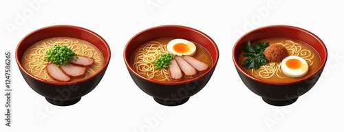 Three bowls of traditional Japanese ramen presented. Bowl features noodles in flavorful broth. Toppings vary slightly including pork, boiled egg, green onions. Illustration ideal for food delivery photo