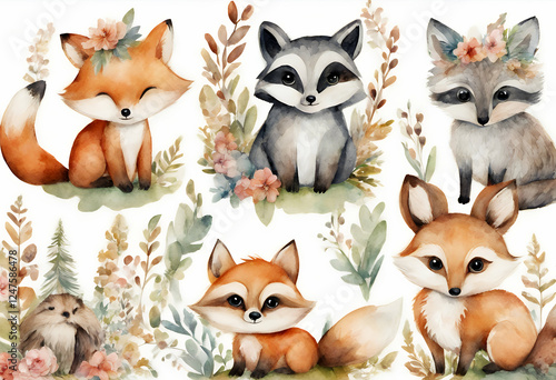 baby cartoon flowers cute animal illustration woodland owl pattern isolated boho raccoon fox nursery drawing forest watercolor deer bohemian poster set background art card nature timberland wild photo