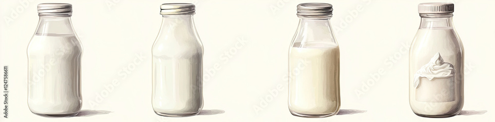 Glass Bottles of Milk with Wooden Lids on Beige Background Glass Bottles of Milk with Wooden Lids on Beige Background