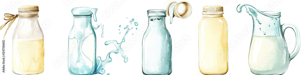 Glass Bottles of Milk with Wooden Lids on Beige Background Glass Bottles of Milk with Wooden Lids on Beige Background