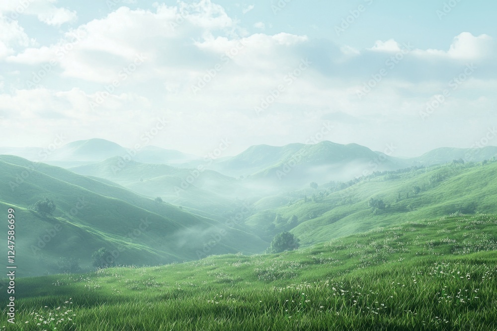 Peaceful green valley enveloped in light fog beneath a bright sky. Peaceful green valley enveloped in light fog beneath a bright sky.