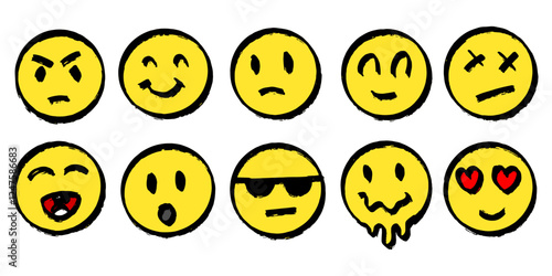 set of emoji in round shapes. different emotions for social media or banners. angry and happy faces in grunge style drawn by hand
