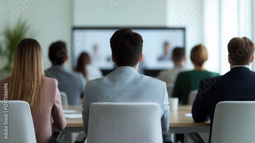 Professional individuals engaged in a virtual meeting, focusing on the presentation from a screen in an office setting.