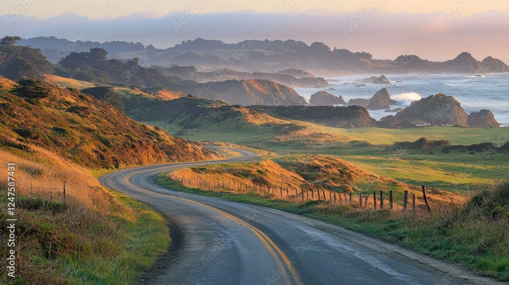 Coastal road sunset, winding path, ocean view, scenic drive, travel background Coastal road sunset, winding path, ocean view, scenic drive, travel background