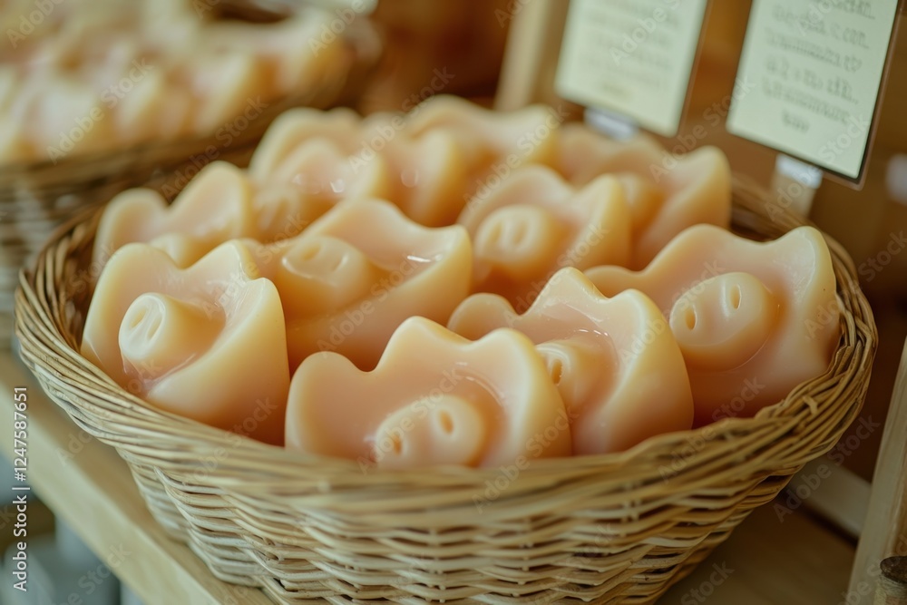 Handcrafted pig-shaped soap bars neatly arranged in a wicker basket. Handcrafted pig-shaped soap bars neatly arranged in a wicker basket.