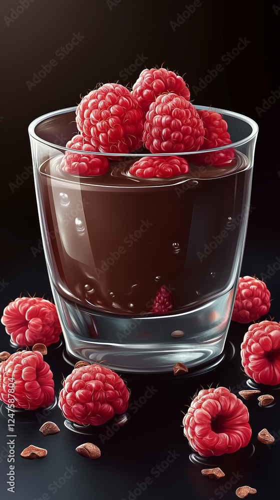 Cup of chocolate pudding with raspberries vertical