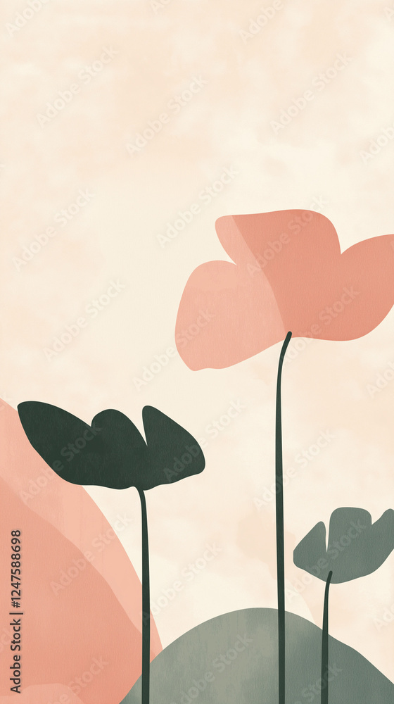 Minimalist flowers and leaves in pale colors vertical
