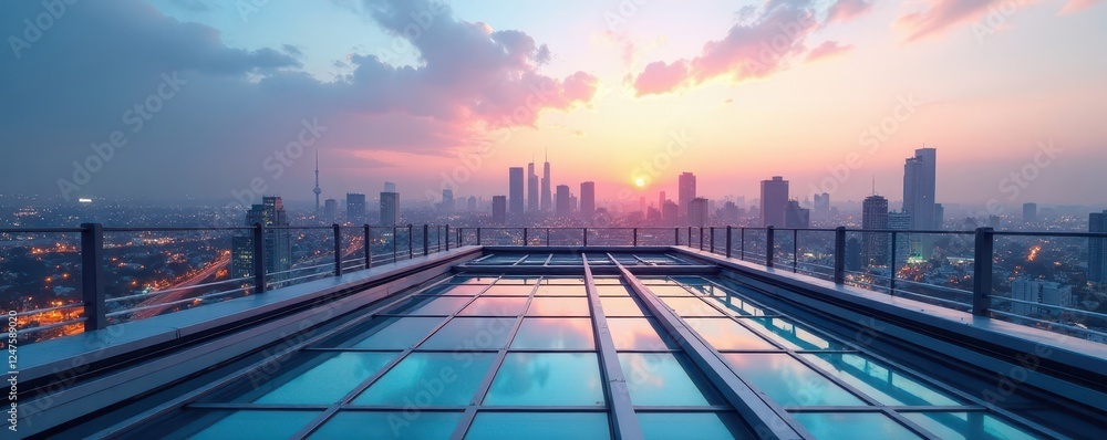 Fototapeta premium Modern building rooftop, geometric lines, city view, architecture, angles