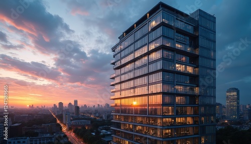 Modern skyscraper at twilight. City skyline with illuminated office building. Evening glow reflects in windows. Urban scene. Highrise structure. Commercial architecture in downtown area. Empty