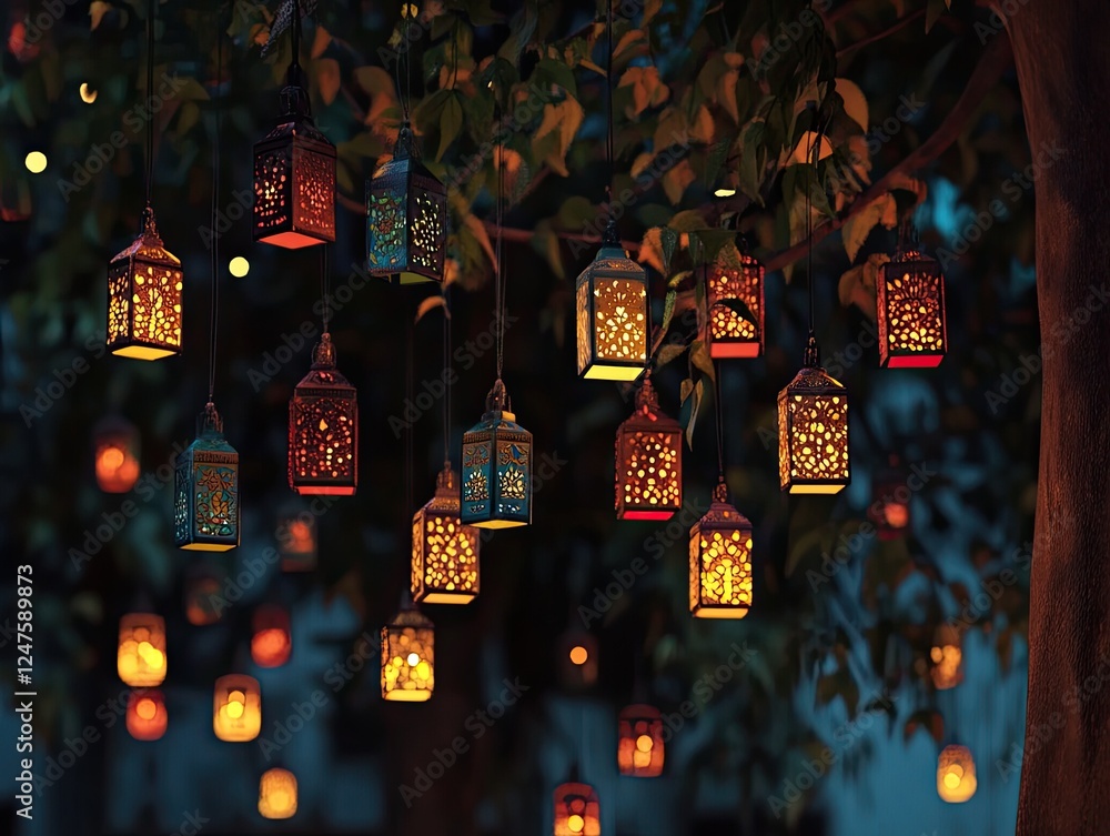 Naklejka premium Magical Lanterns Aglow: A Festive Evening Under a Tree Canopy