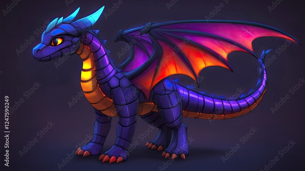 Obraz premium A vibrant purple and orange baby dragon with glowing scales and large wings, standing on a dark background.