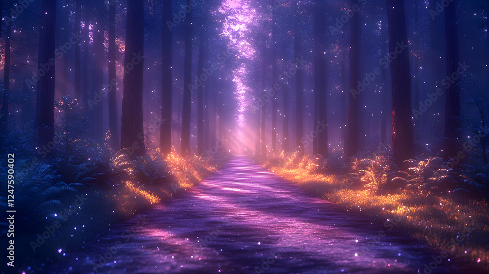 Naklejka premium Magical Glowing Forest Path at Night