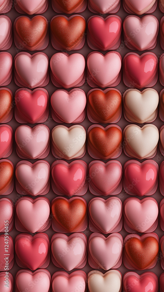 Many Valentine hearts in rows vertical background