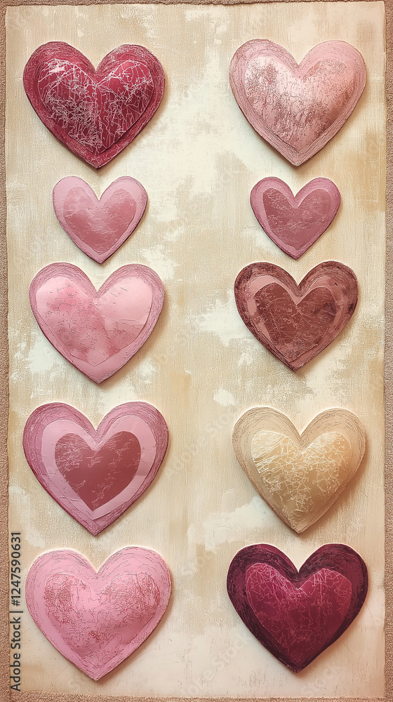 Ten Valentine hearts with textures vertical