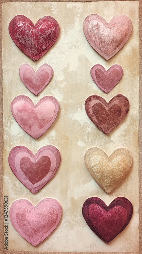 Ten Valentine hearts with textures vertical