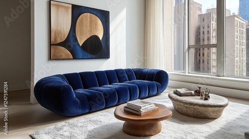 Minimalist home interior design of modern living room with velvet dark blue sofa, large windows, and abstract art on the wall photo