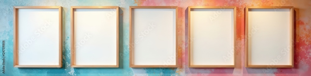 Fototapeta premium Blank frames arranged on a painted wall background, frame mockup, mockup template