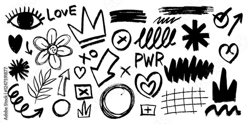 Graffiti elements symbols for girls, feminism. crown and heart abstract elements. flower and arrows