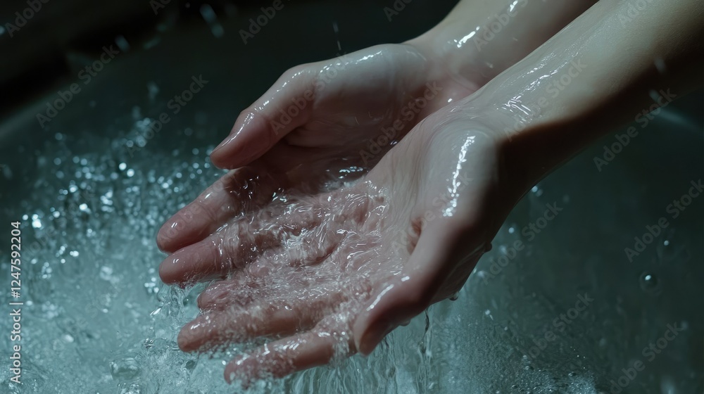 Fototapeta premium Hands Cupped in Refreshing Water: A Close-Up Study of Cleanliness and Purity