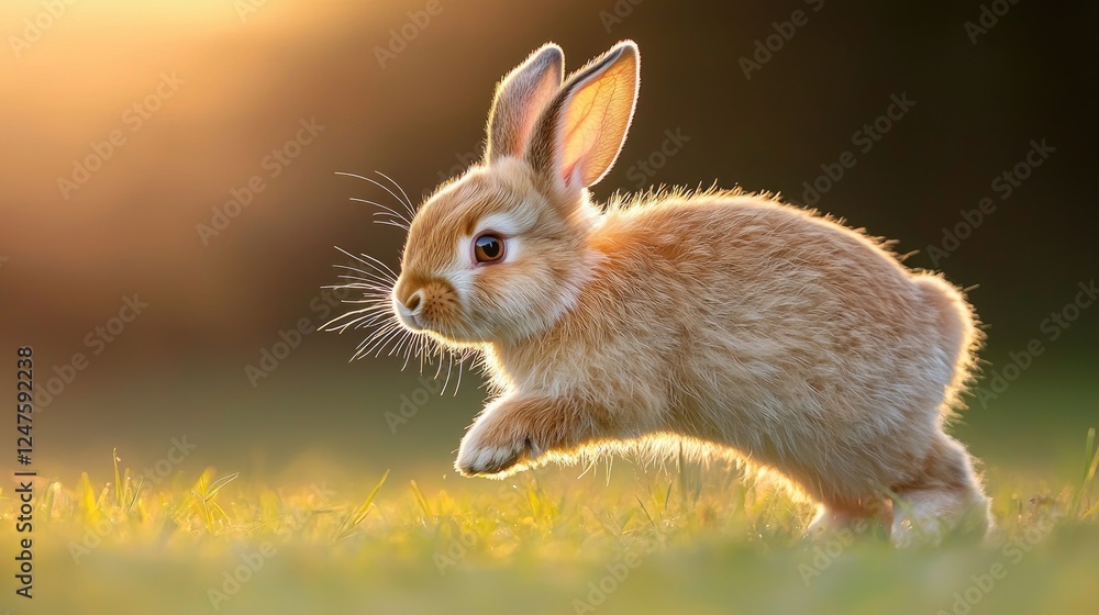 Fototapeta premium Bunny leaping sunset meadow, nature background, pet