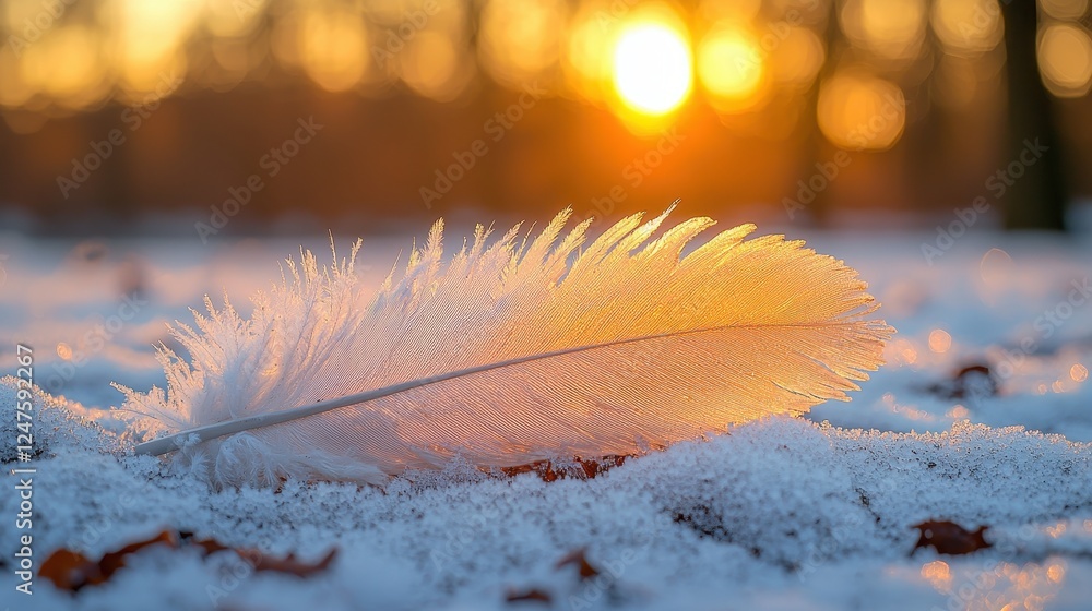 A delicate feather rests on a snowy surface, illuminated by a sunset glow. A delicate feather rests on a snowy surface, illuminated by a sunset glow.