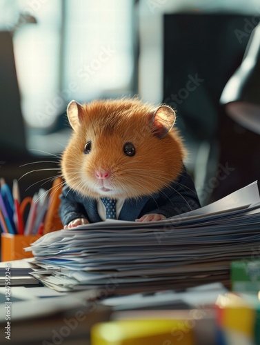 A tiny hamster in a suit tackles a large stack of paperwork. AI.