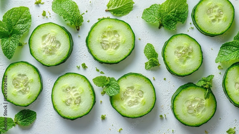 Fresh Cucumber And Mint Slices On White Background Fresh Cucumber And Mint Slices On White Background