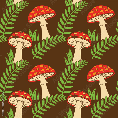 Seamless pattern with amanita mushrooms and leaves. Autumn background