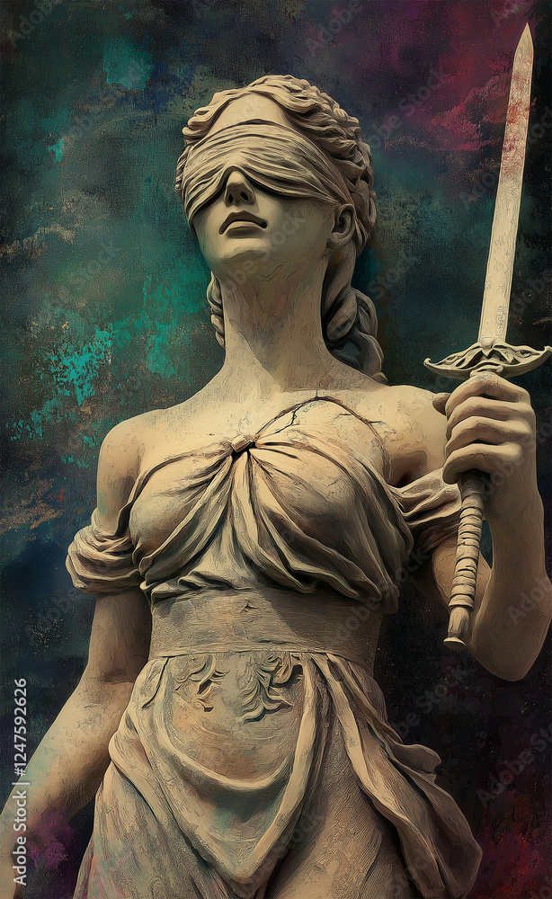 Blindfolded Lady Justice figure with sword vertical