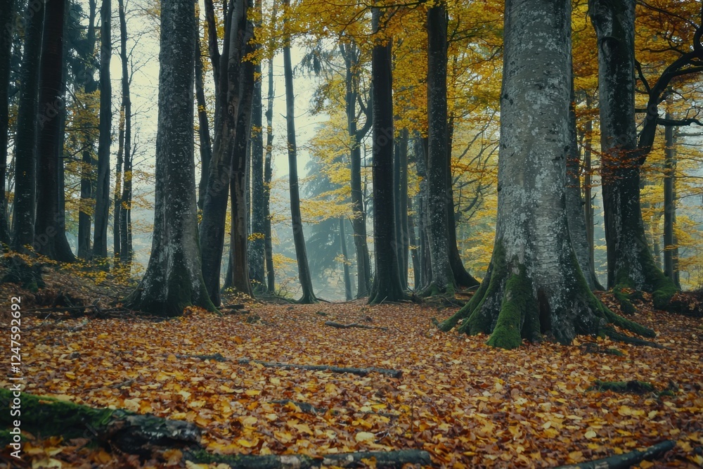 Fototapeta premium Quiet autumn forest with golden foliage and towering trees under a foggy sky.