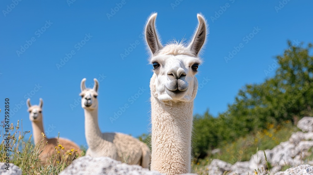 Obraz premium Llamas gazing, mountain meadow, sunny day, animal portrait