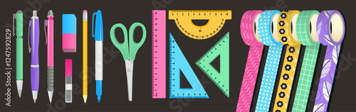School stationery. study equipment, articles, office supplies, ruler, decorative tape, scissors, eraser, pens, pencils. Vector illustration