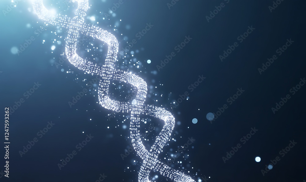 A shimmering DNA strand is depicted, composed of sparkling particles against a dark background, symbolizing genetics and molecular biology. A shimmering DNA strand is depicted, composed of sparkling particles against a dark background, symbolizing genetics and molecular biology.