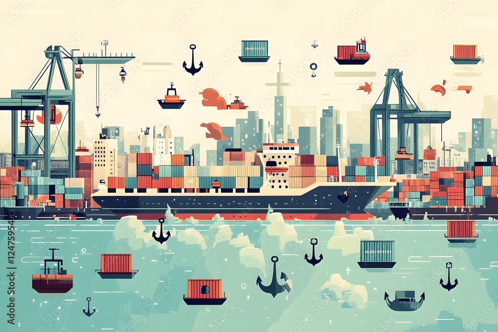 Obraz premium Futuristic Seaport City with Towering Container Cranes and Cargo Ships at Busy Dockyard