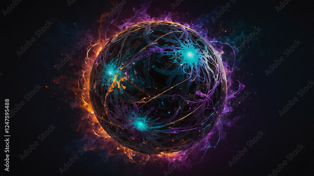 Obraz premium Abstract energy sphere with glowing neural network lines and colorful plasma light