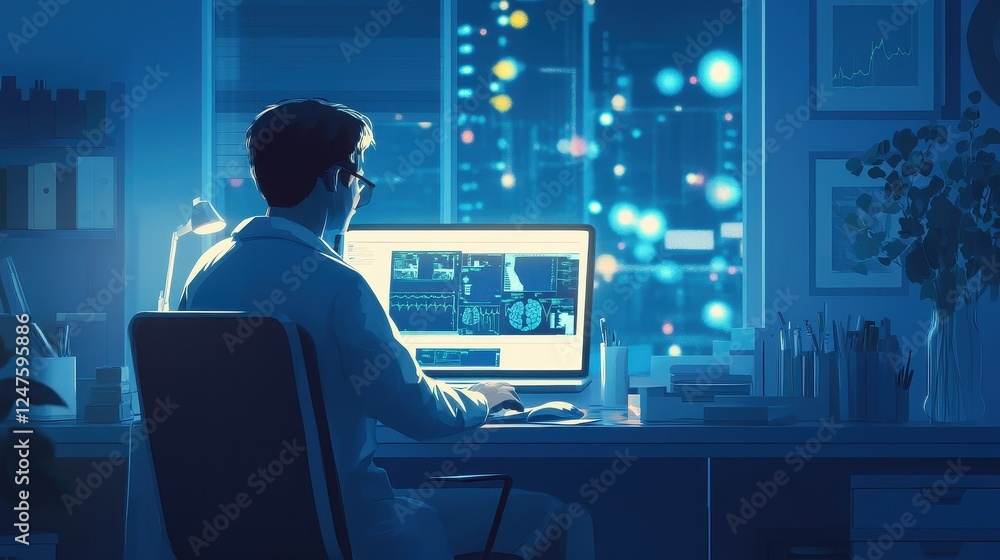 Doctor in office using laptop, modern healthcare technology, digital medical solutions. Doctor in office using laptop, modern healthcare technology, digital medical solutions.
