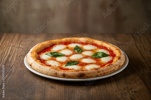 A classic Italian pizza with thin crust, San Marzano tomatoes, mozzarella cheese, and basil leaves. photo