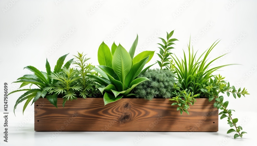 Fototapeta premium Stylish wooden planter box filled with vibrant greenery. Variety of rich plants thrive inside. Modern design element for home decor. Planter brings touch of nature indoors. Perfect for patio yard.
