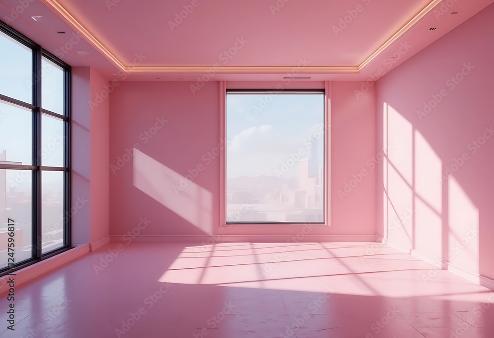 Obraz premium Pink Room With Large Window And City View