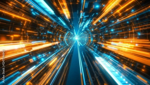 Futuristic tunnel, vibrant lights, speed, digital, abstract, background, technology, travel
