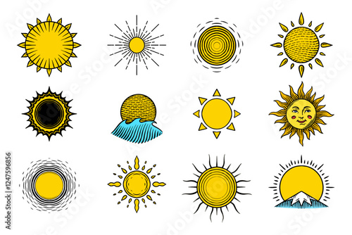 Hand drawn suns rays of light engraved in old vintage style. Solar power and waves. Ecology symbol of reusable energy sunbeams photo