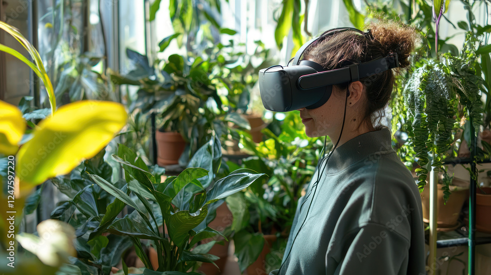 A person using VR headset in lush indoor garden, exploring sustainable solutions and ethical technology innovations A person using VR headset in lush indoor garden, exploring sustainable solutions and ethical technology innovations
