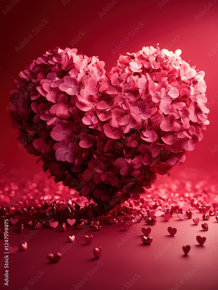 Fototapeta premium Heart-Shaped Floral Arrangement on Sparkling Rose-Colored Background
