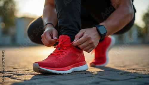 A person tying their bright red running shoes while preparing for a morning run in the sunshine. Captures the essence of active lifestyle, exercise, and outdoor activities in a motivational setting.
