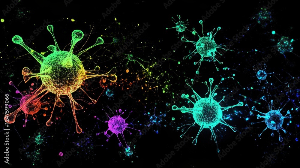 Obraz premium Fluorescent virus particles, imaginative representation of global disease containment. 