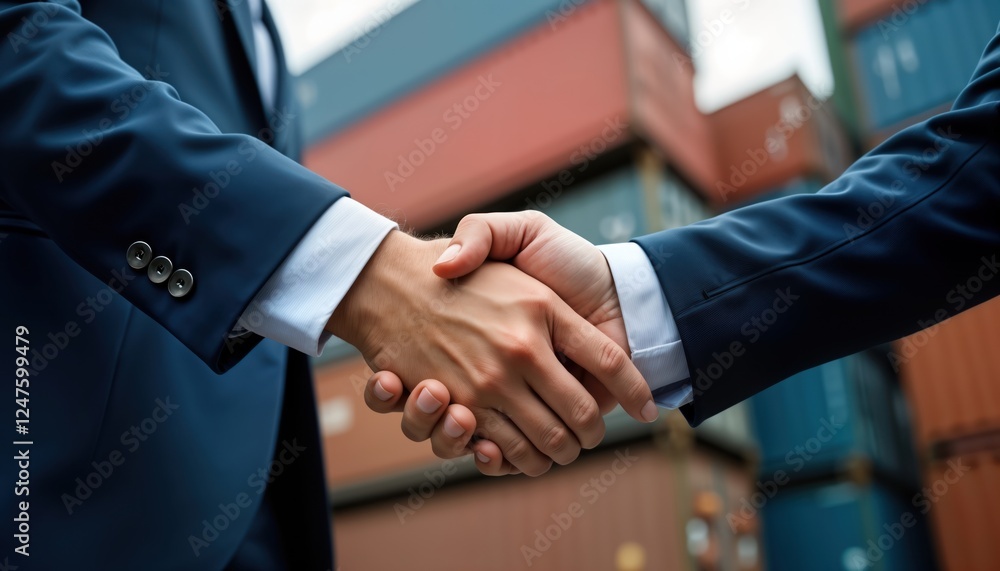 Obraz premium Two business people exchange handshake near shipping containers. Successful deal in logistics manufacturing sector. Commercial agreement contract signed. Global trade, business success. Modern